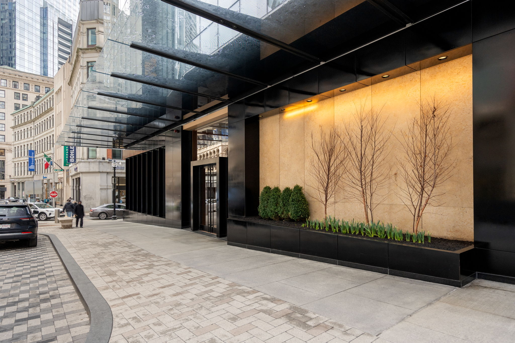 The Millennium Tower entrance on Franklin Street in Downtown Boston